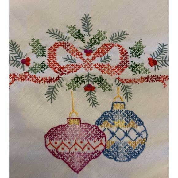 Vintage Bucilla Cross Stitch Christmas Baubles 60” x 104” Completed Tablecloth - Picture 4 of 11